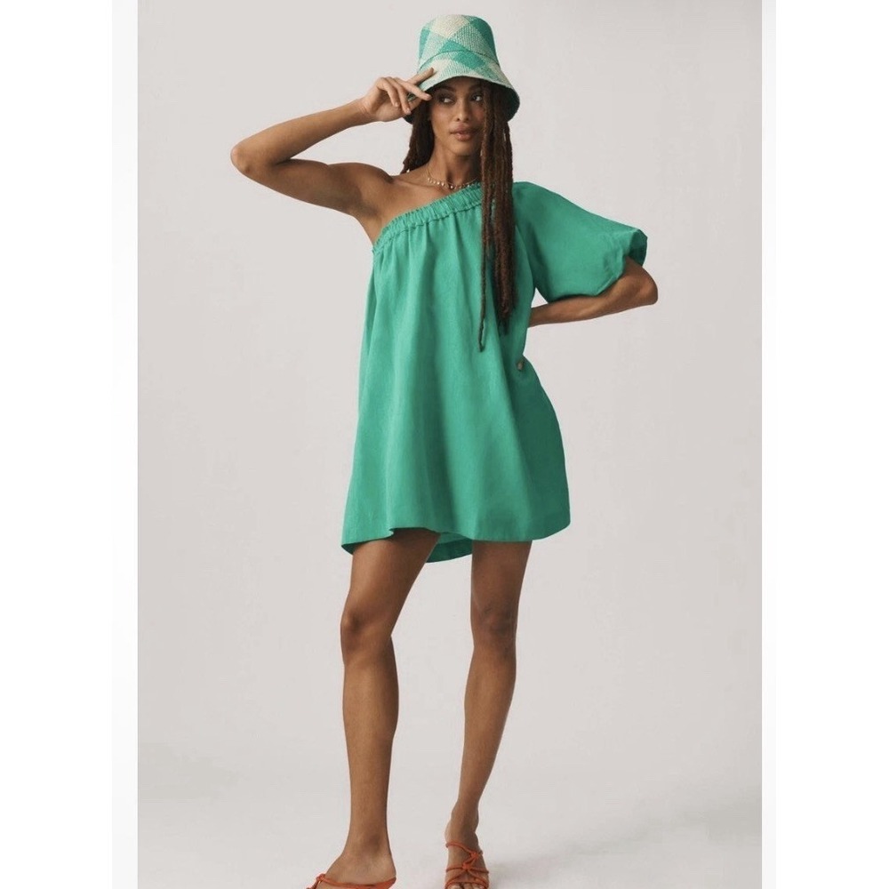 Anthropologie One-Shoulder Waistless XS Linen Mini‎ Dress Smocked Beachy Coastal